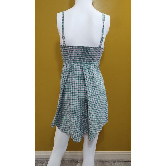 Arizona Strappy Cotton Linen Green & Pink Plaid Mini Dress XS Y2K Boho Cottage - Picture 2 of 5